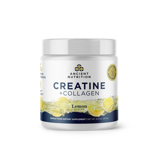 Ancient Nutrition Creatine + Collagen lemon bottle boosts lean muscle support.