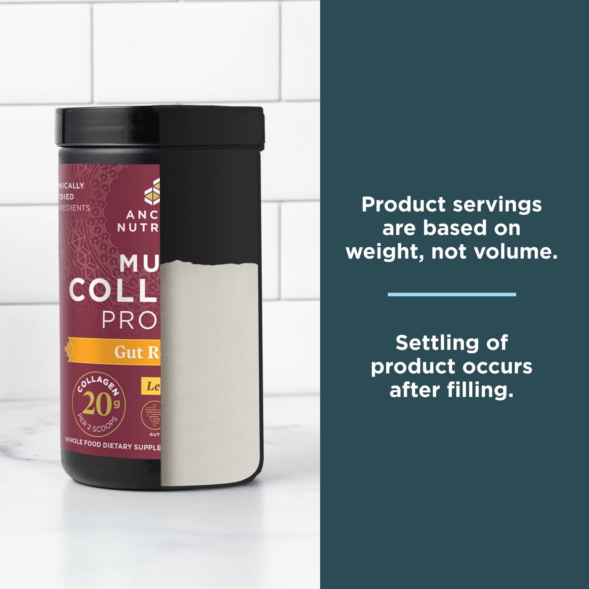 Ancient Nutrition scoop and jar showing protein and calories per serving.