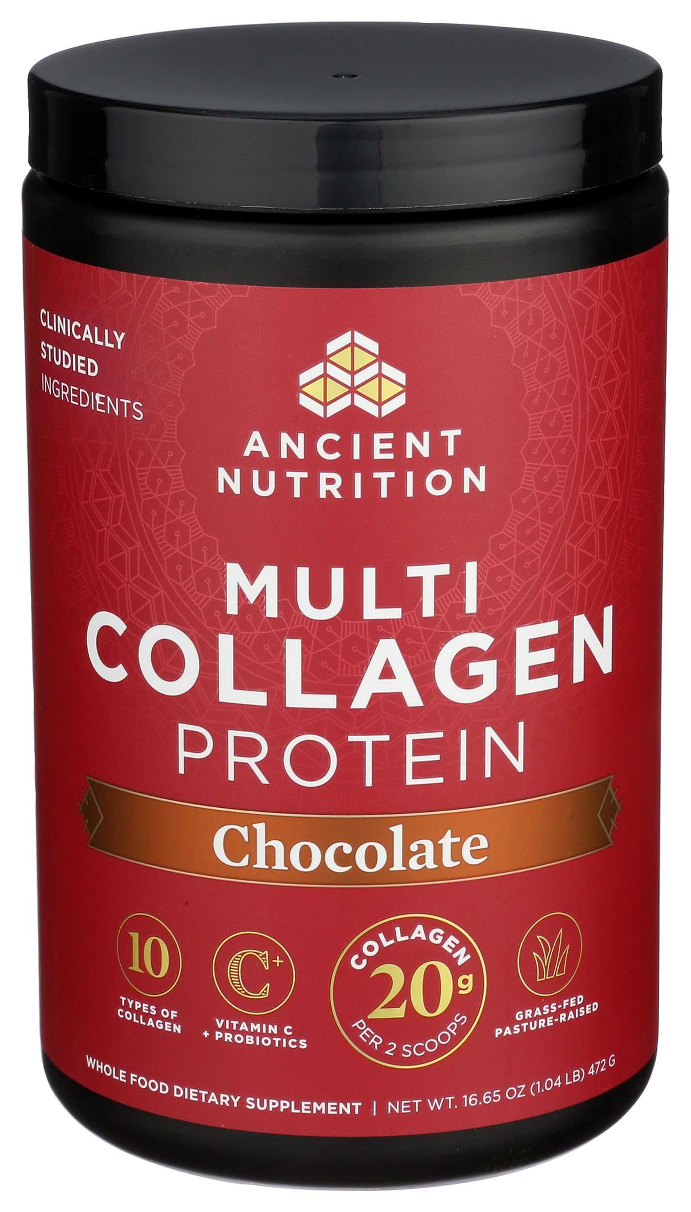 Ancient Nutrition chocolate collagen being blended into a smoothie for daily use.