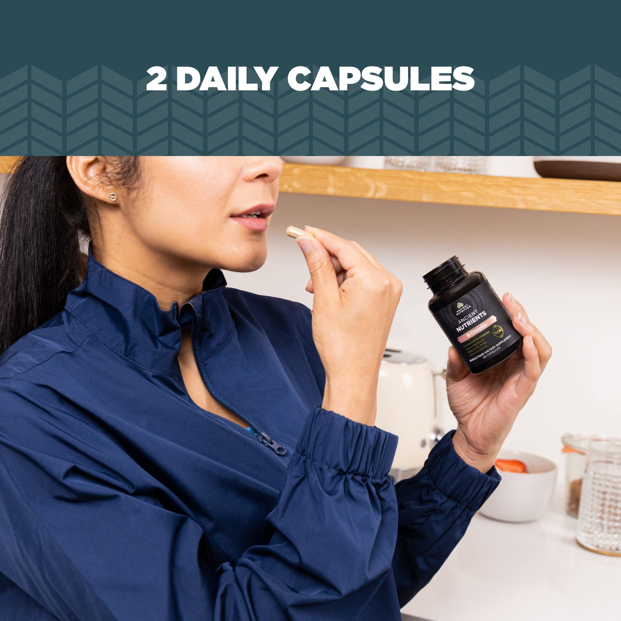 Ancient Nutrition energy-boost B complex capsules for daily vitality.