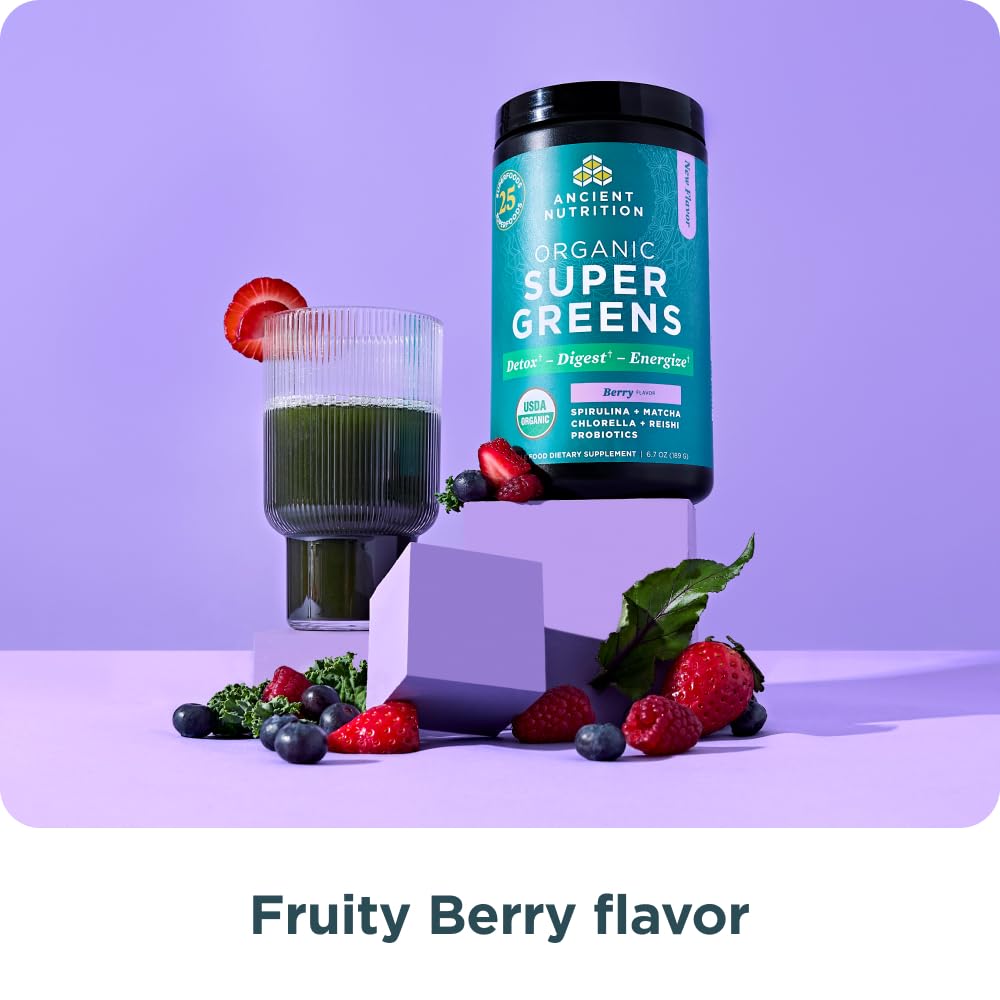 Green smoothie showing energy-boosting mix from Ancient Nutrition SuperGreens.