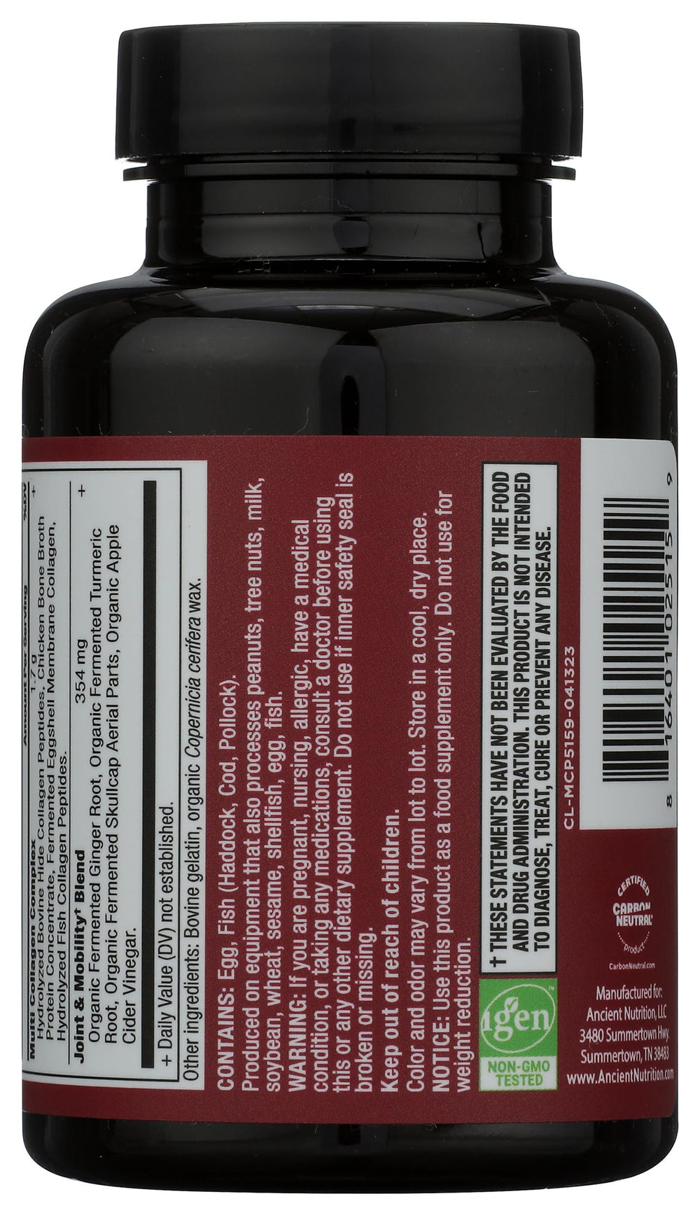 Ancient Nutrition gluten-free label on collagen capsules.