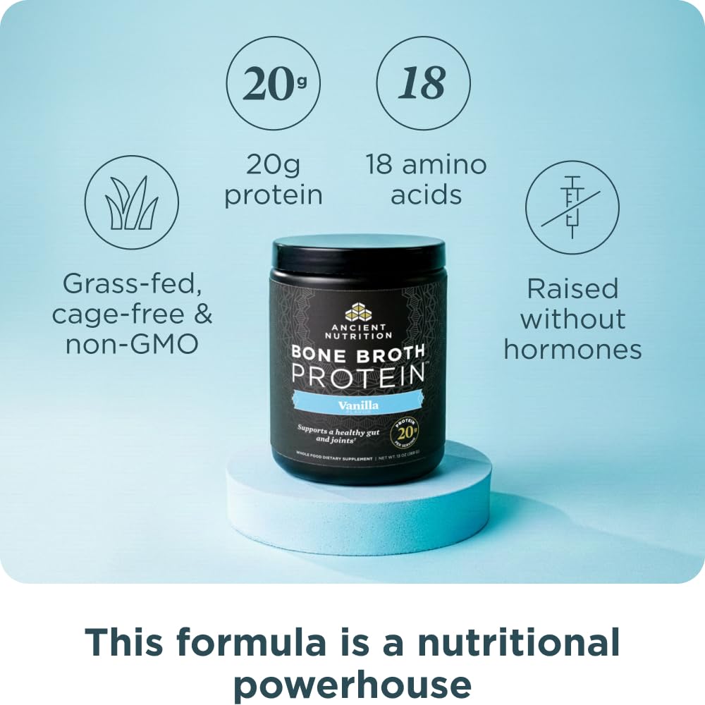 Ancient Nutrition grass-fed bone broth protein powder on kitchen counter for clean nutrition