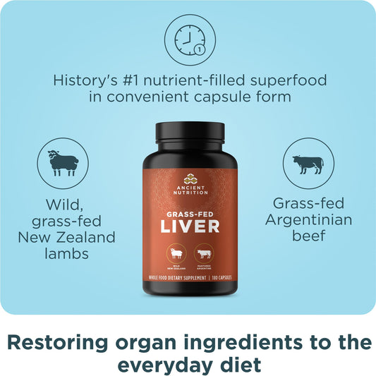 Ancient Nutrition grass-fed bovine organ label highlights whole-food nutrients.