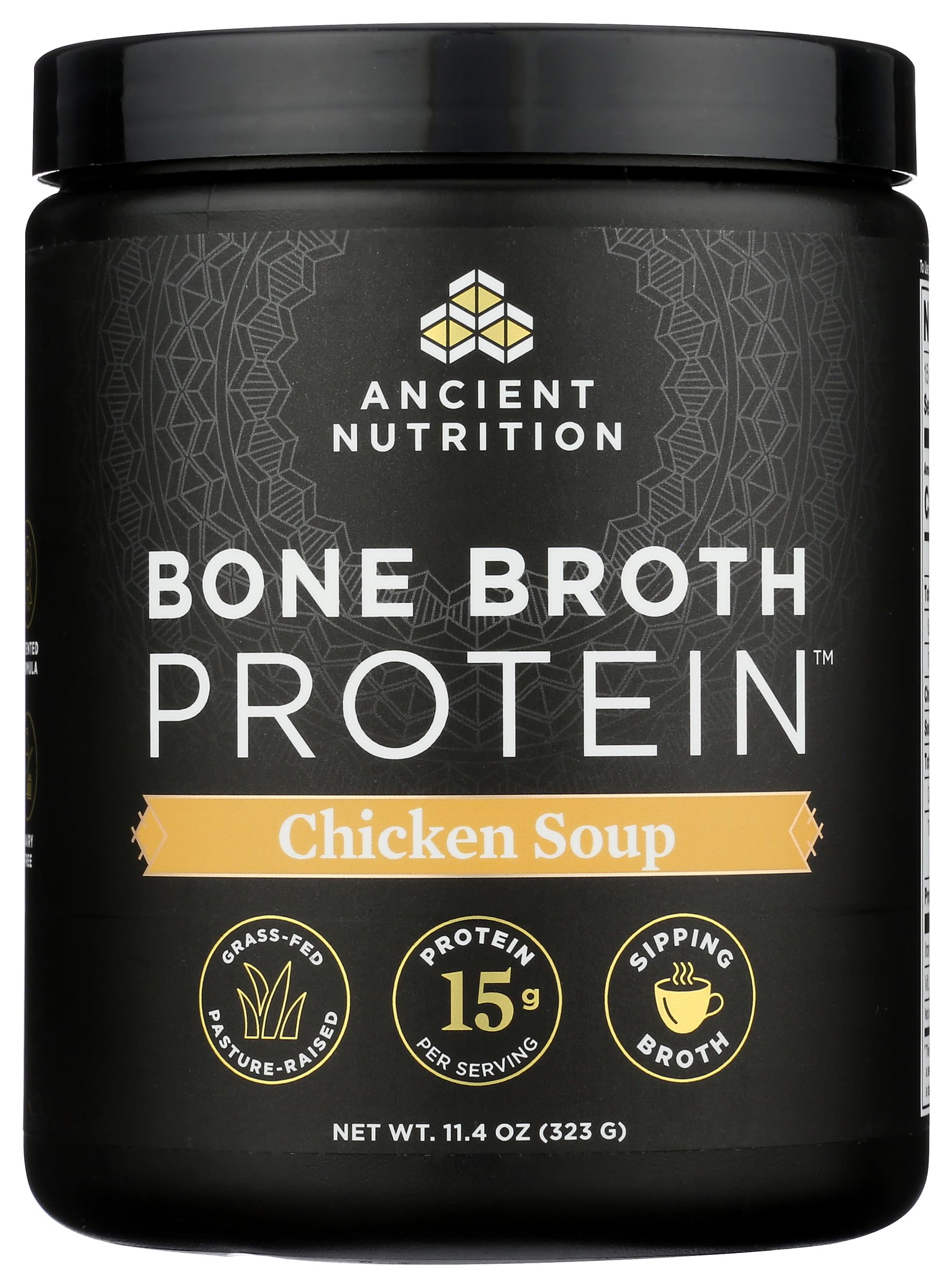 Packaging emphasizes grass-fed and pasture-raised sourcing for Ancient Nutrition product.