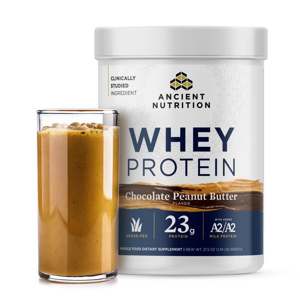 Ancient Nutrition grass-fed whey protein bottle pour for post-workout support