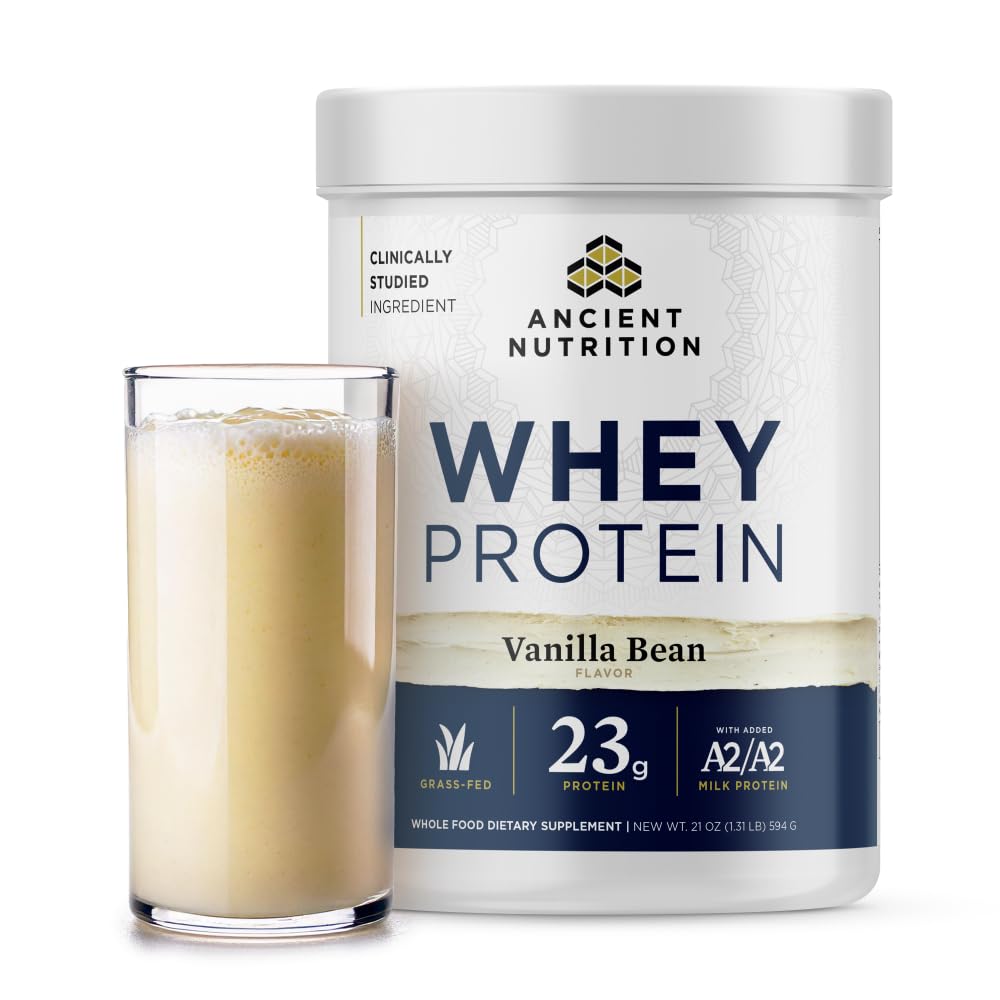 Ancient Nutrition grass-fed whey vanilla bean container for easy daily protein