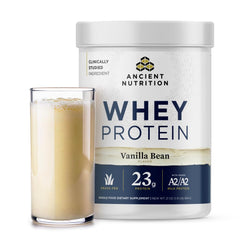 Ancient Nutrition grass-fed whey vanilla bean container for easy daily protein