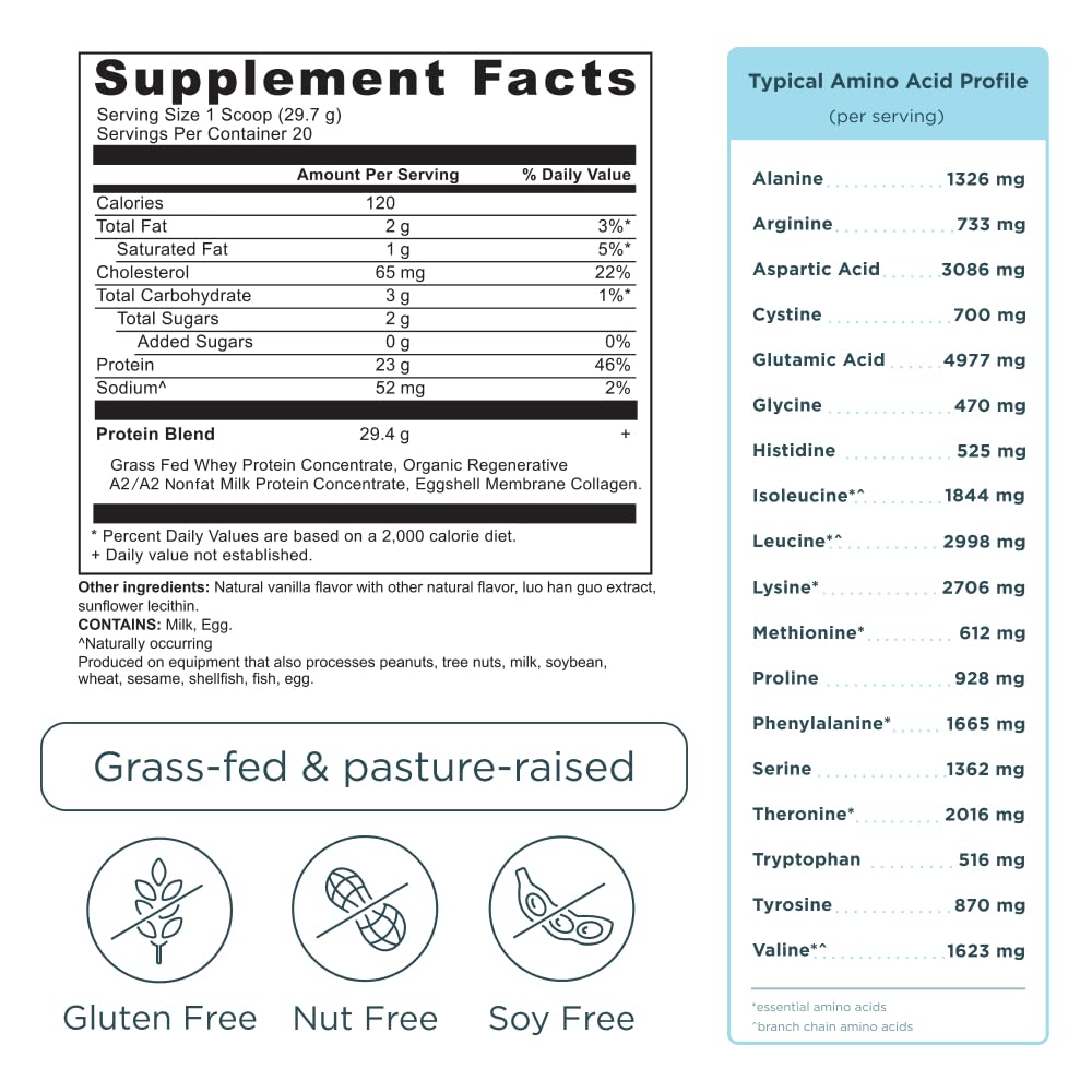 Ancient Nutrition grass-fed whey vanilla bean open-packaging for convenient use