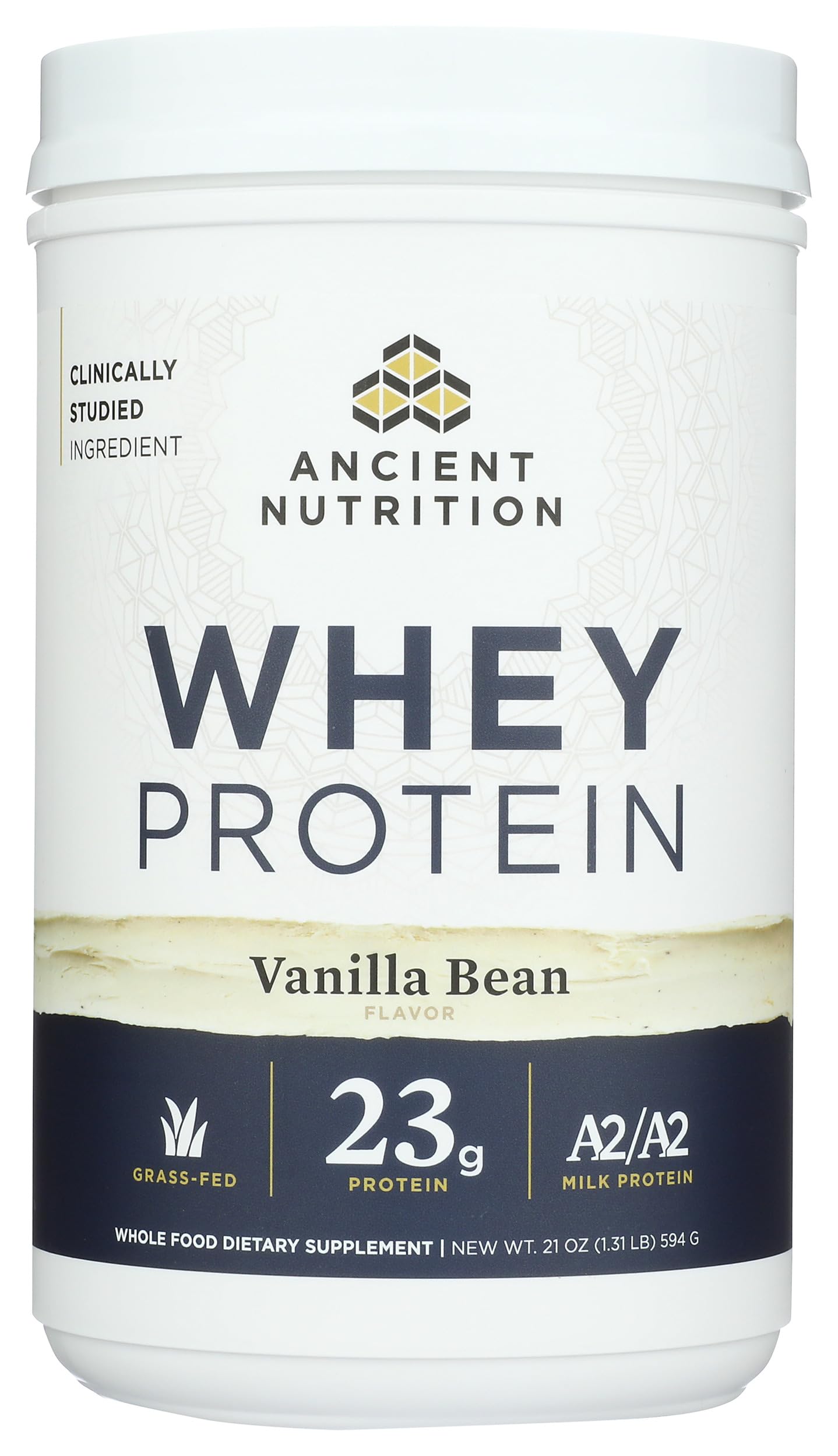 Ancient Nutrition grass-fed whey vanilla bean pour supports smooth mixing