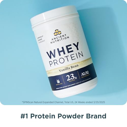 Ancient Nutrition grass-fed whey vanilla bean scoop enables quick shakes