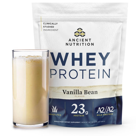 Ancient Nutrition grass-fed whey vanilla bottle for daily shakes.