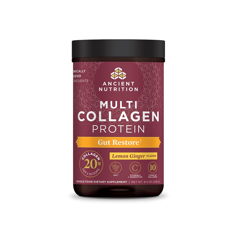 Ancient Nutrition Gut Restore bottle featuring lemon-ginger flavor for daily gut support.
