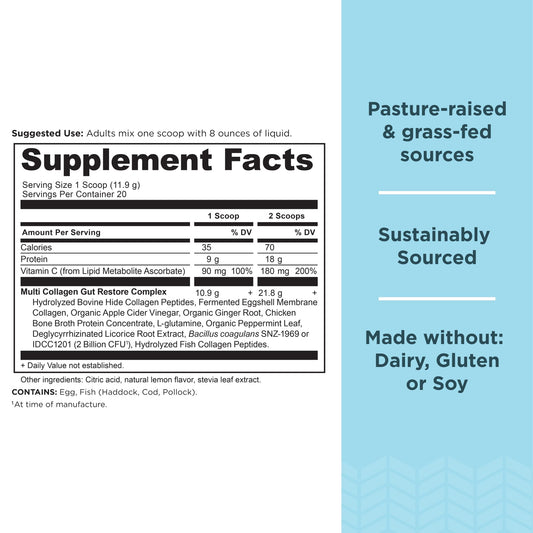 Ancient Nutrition gut restore scoop in glass highlighting protein boost.
