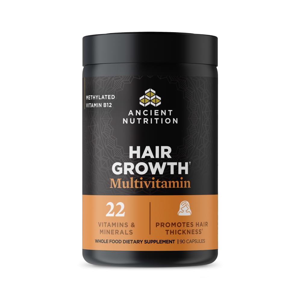 Ancient Nutrition Hair Growth Multivitamin bottle for daily hair support and vitality.