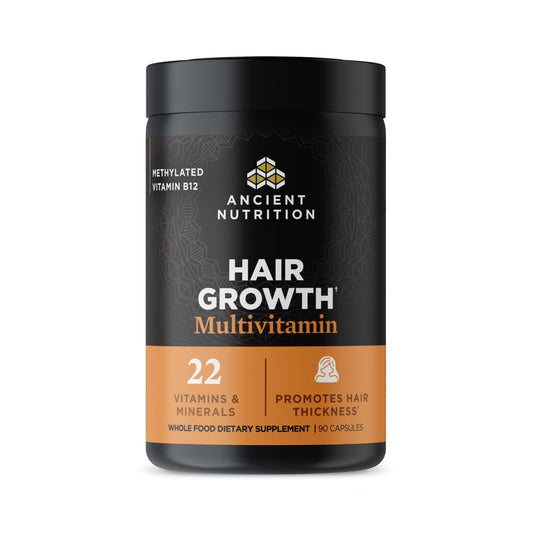 Ancient Nutrition Hair Growth Multivitamin bottle for daily hair support and vitality.