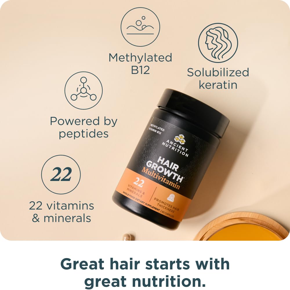 Ancient Nutrition Hair Growth Multivitamin keratin peptides close-up supporting stronger-looking hair.
