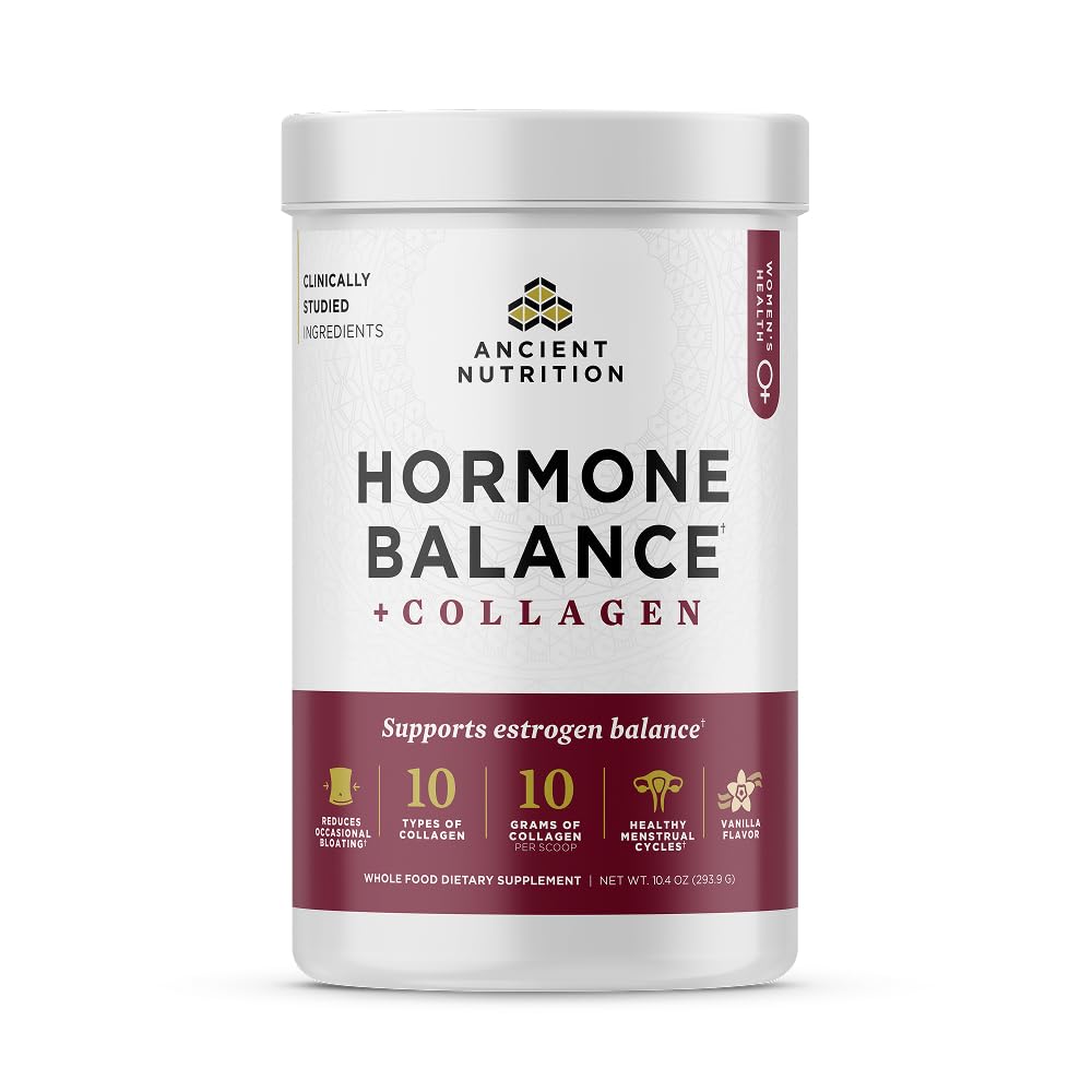 Ancient Nutrition Hormone Balance bottle; supports hormones and collagen for daily wellness.