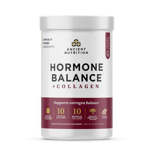 Ancient Nutrition Hormone Balance bottle; supports hormones and collagen for daily wellness.