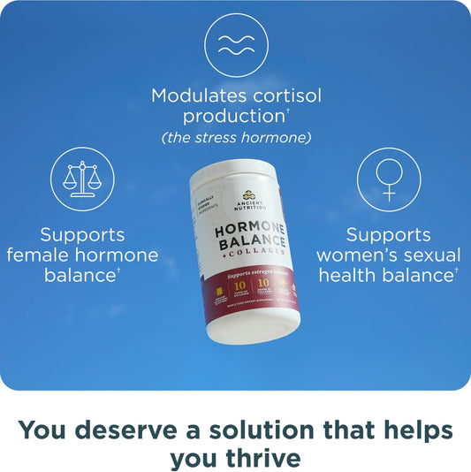 Ancient Nutrition Hormone Balance powder tub; convenient powder for hormone harmony and energy.