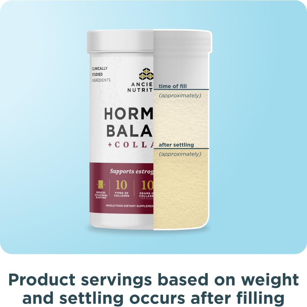 Ancient Nutrition Hormone Balance collagen types variety; supports hair, skin, nails, joints.