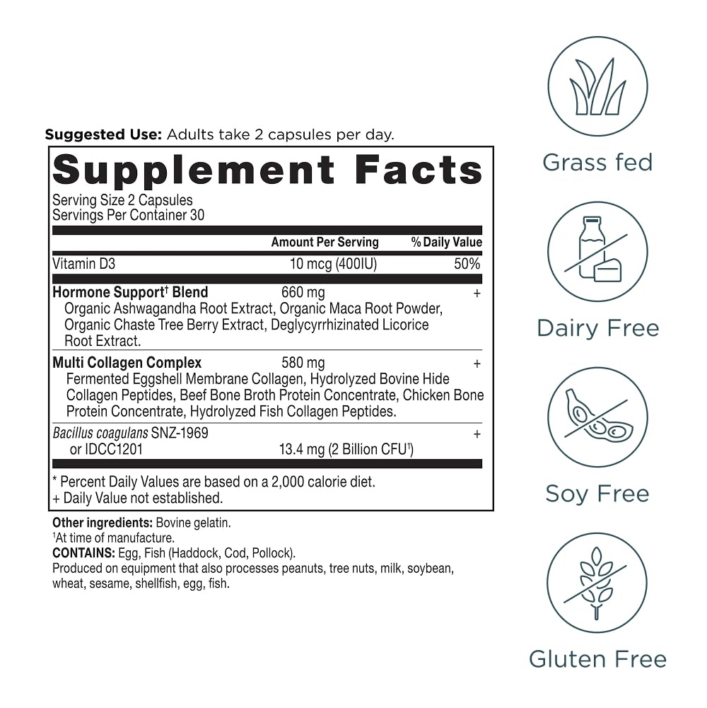 Ancient Nutrition Hormone Balance ten collagen types; supports hair, skin, nails