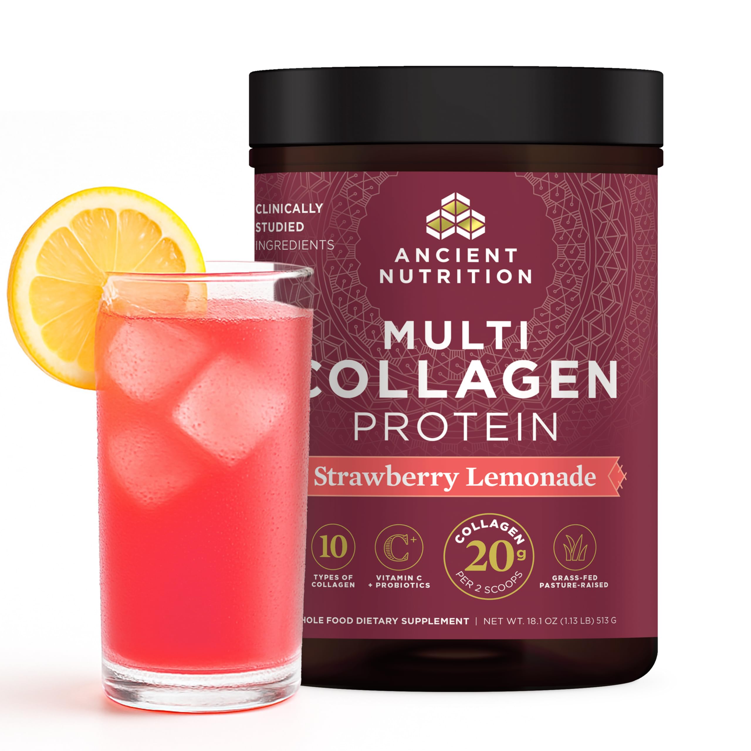 Ancient Nutrition hydrolyzed collagen peptides powder in strawberry lemonade flavor, boosting daily skin and gut care