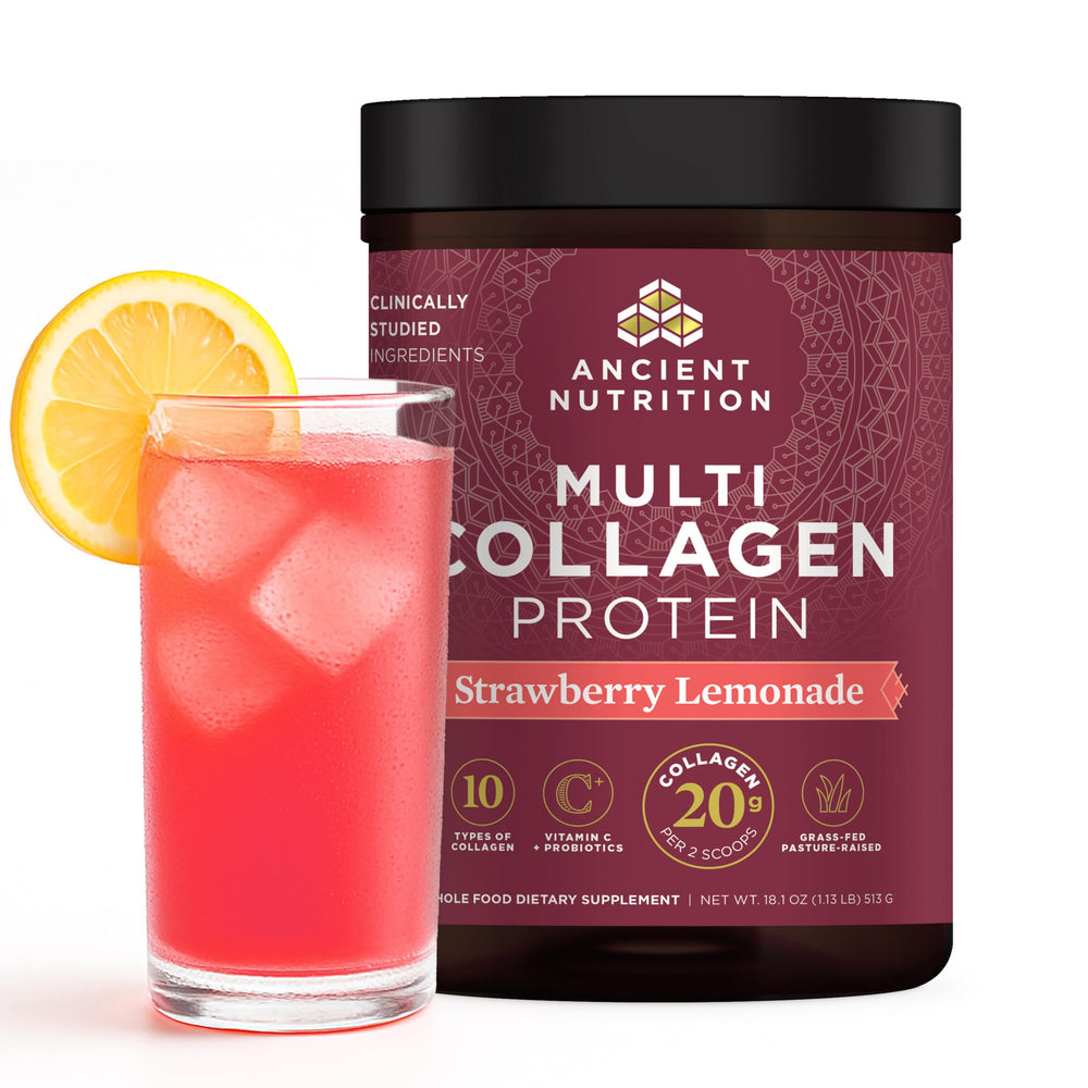 Ancient Nutrition hydrolyzed collagen peptides powder in strawberry lemonade flavor, boosting daily skin and gut care