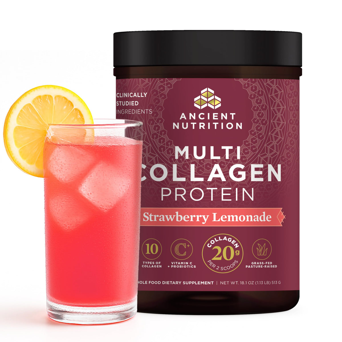 Ancient Nutrition hydrolyzed collagen peptides powder in strawberry lemonade flavor, boosting daily skin and gut care