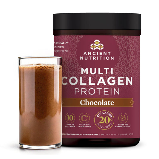 Ancient Nutrition hydrolyzed collagen powder chocolate tub, premium daily supplement for skin and nails.