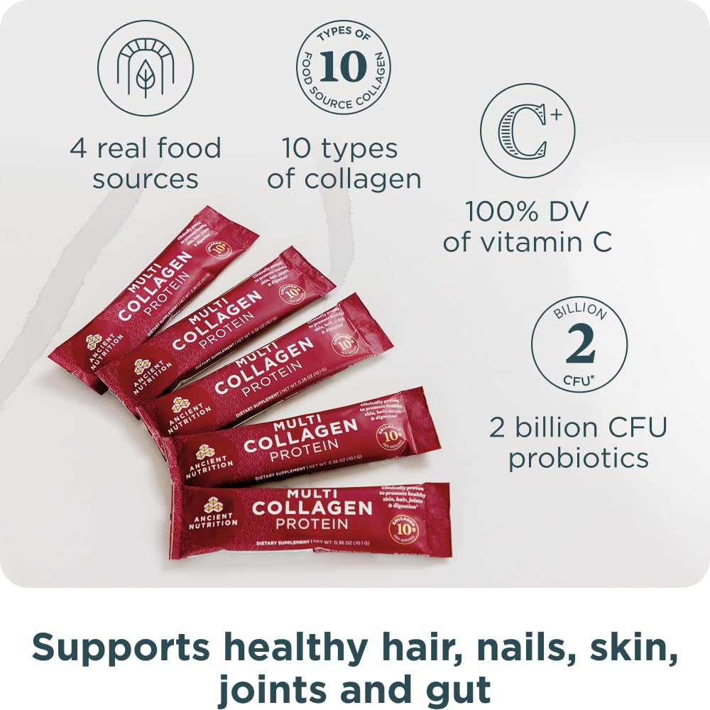 Ancient Nutrition hydrolyzed collagen types I–X in a versatile powder.