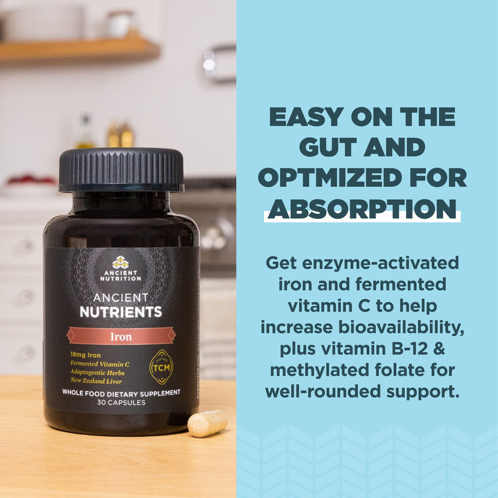 Ancient Nutrition Iron bottle label highlights real-food nutrients for daily wellness