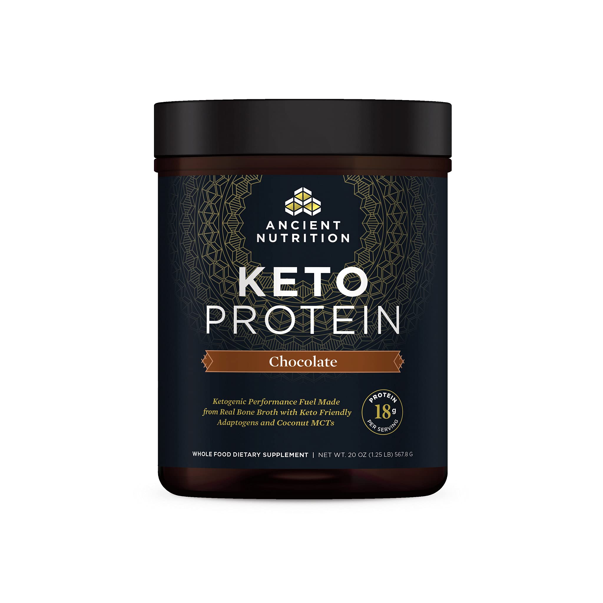 Ancient Nutrition KetoPROTEIN chocolate powder jar for keto shakes