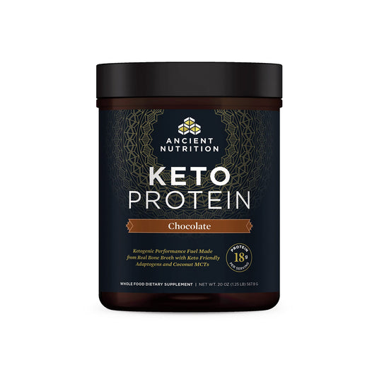 Ancient Nutrition KetoPROTEIN chocolate powder jar for keto shakes