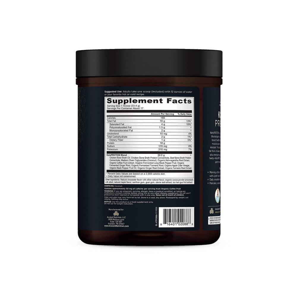 Ancient Nutrition KetoPROTEIN label highlighting gluten-free and dairy-free features