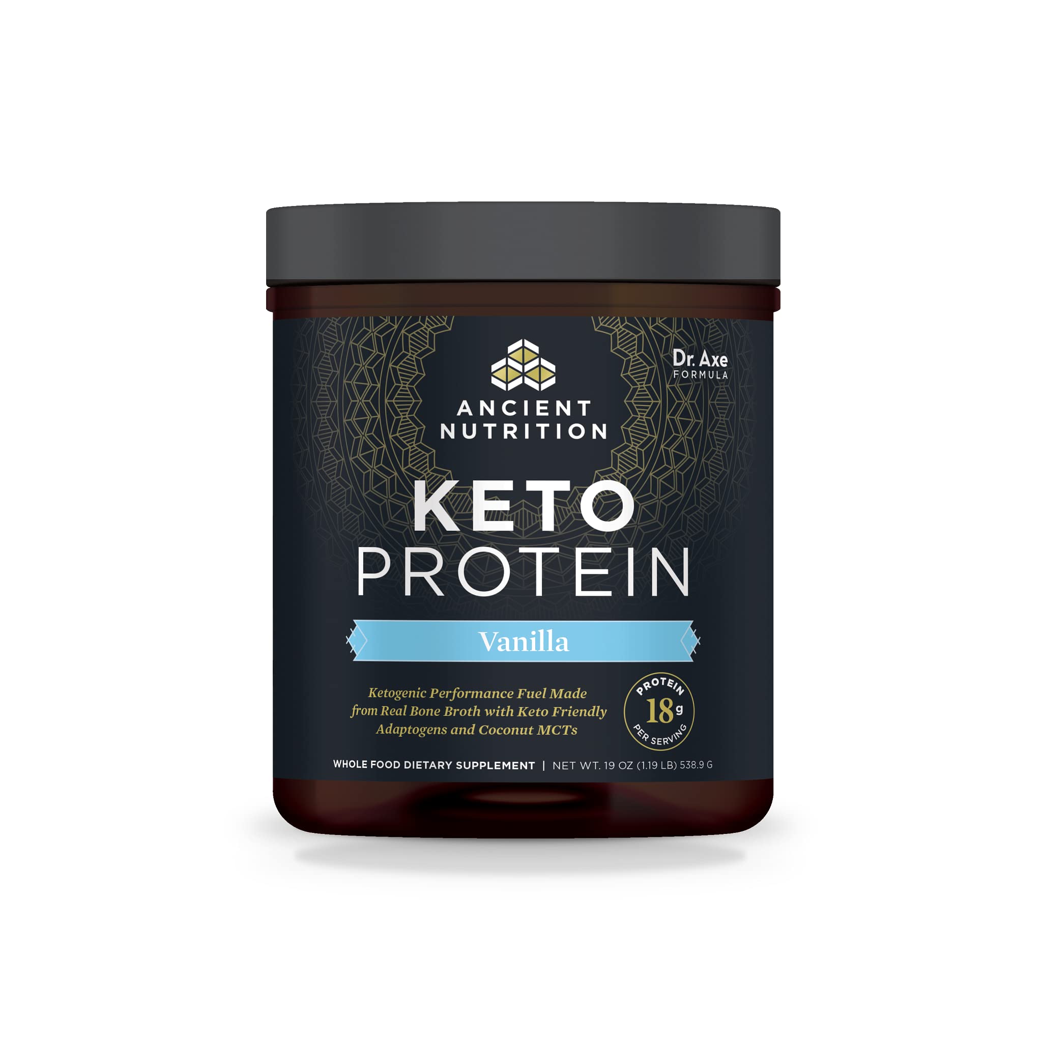 Ancient Nutrition KetoPROTEIN Vanilla bottle showing high-fat keto protein blend