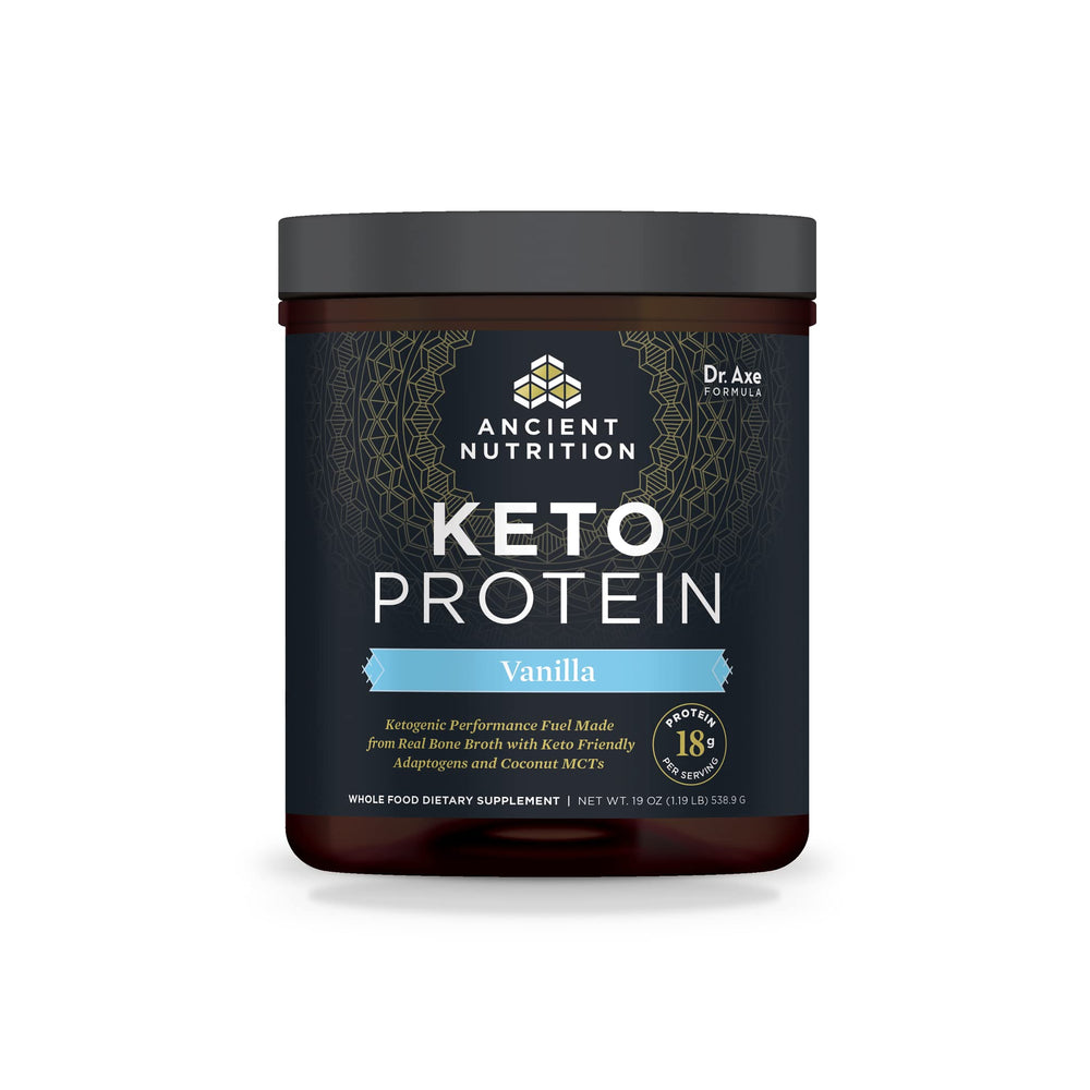 Ancient Nutrition KetoPROTEIN Vanilla bottle showing high-fat keto protein blend