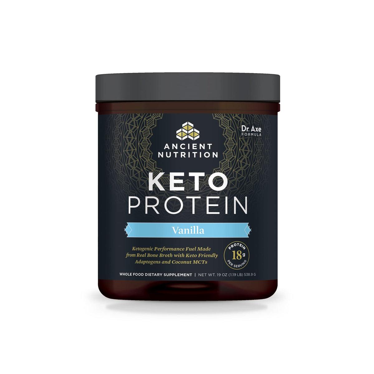Ancient Nutrition KetoPROTEIN Vanilla bottle showing high-fat keto protein blend