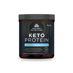 Ancient Nutrition KetoPROTEIN Vanilla bottle showing high-fat keto protein blend