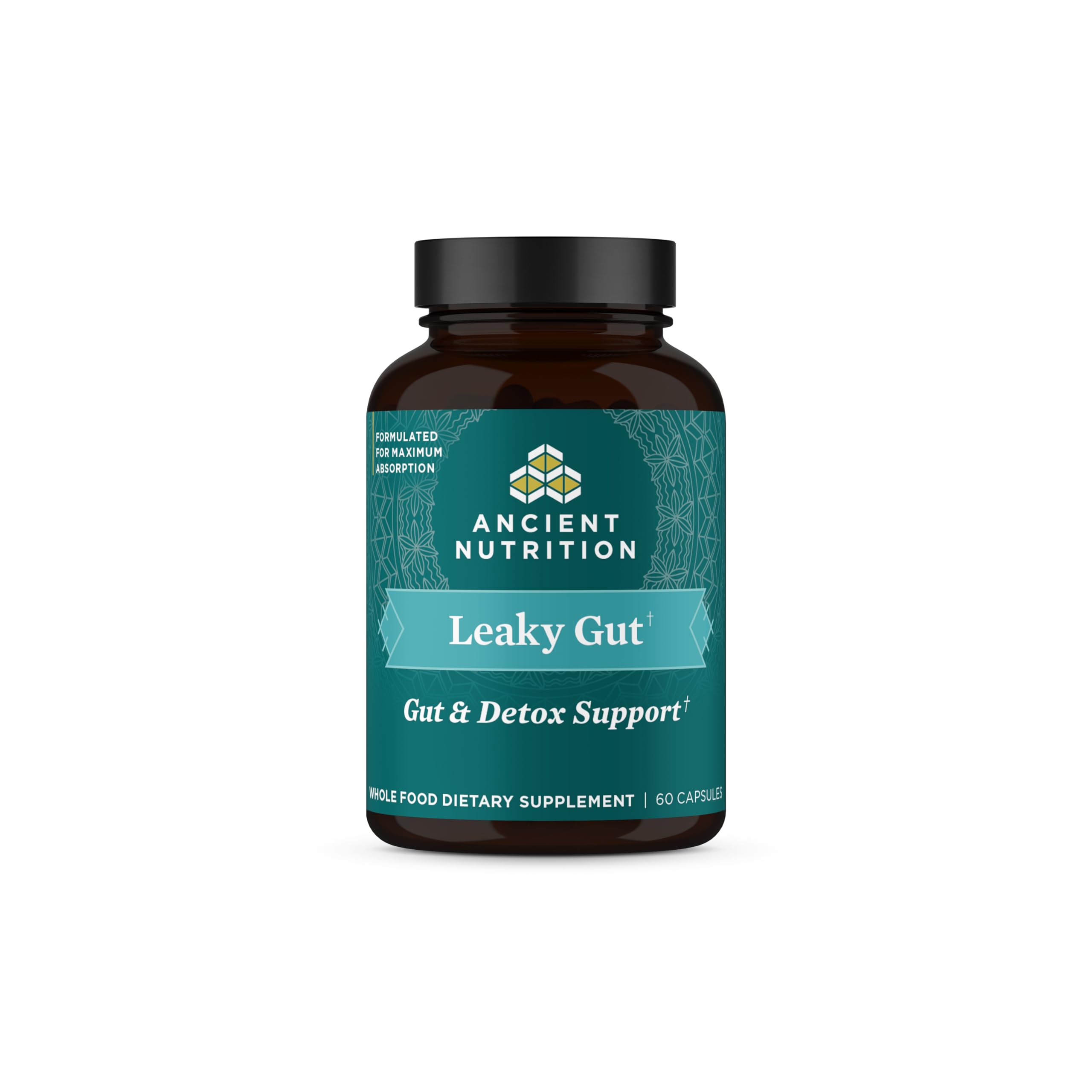 Ancient Nutrition Leaky Gut Capsules bottle demonstrating digestive support in a clear bottle.