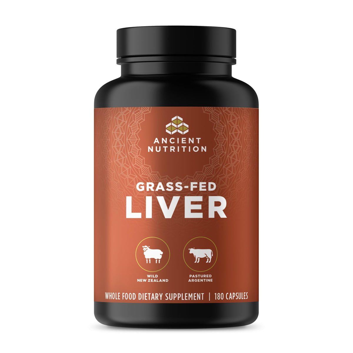Ancient Nutrition Liver Organ Supplements bottle front displaying 180 capsules for convenient daily use.