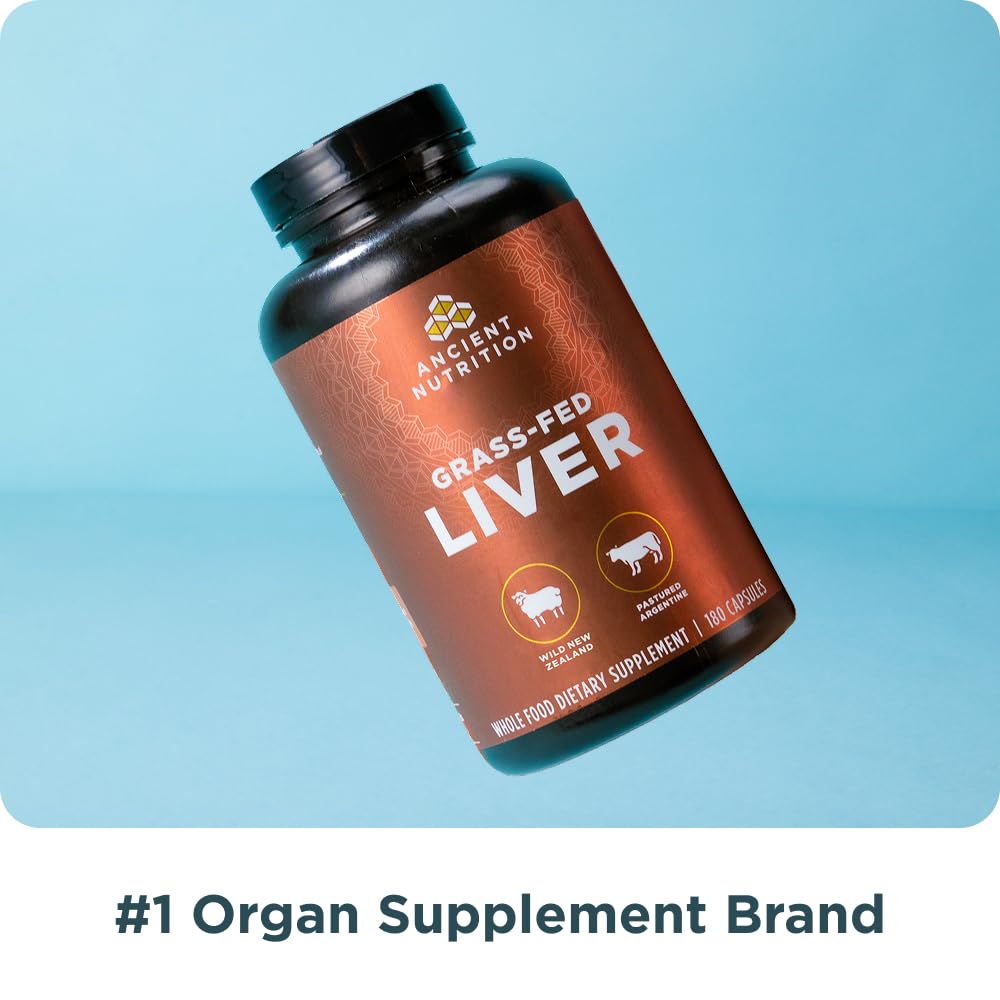 Ancient Nutrition liver organ supplements capsules closeup shows texture and color.