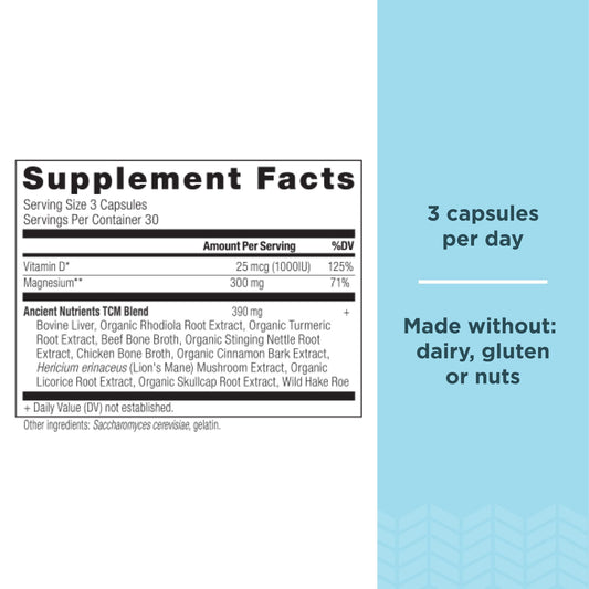 Ancient Nutrition magnesium capsules in close-up emphasize daily calm support.