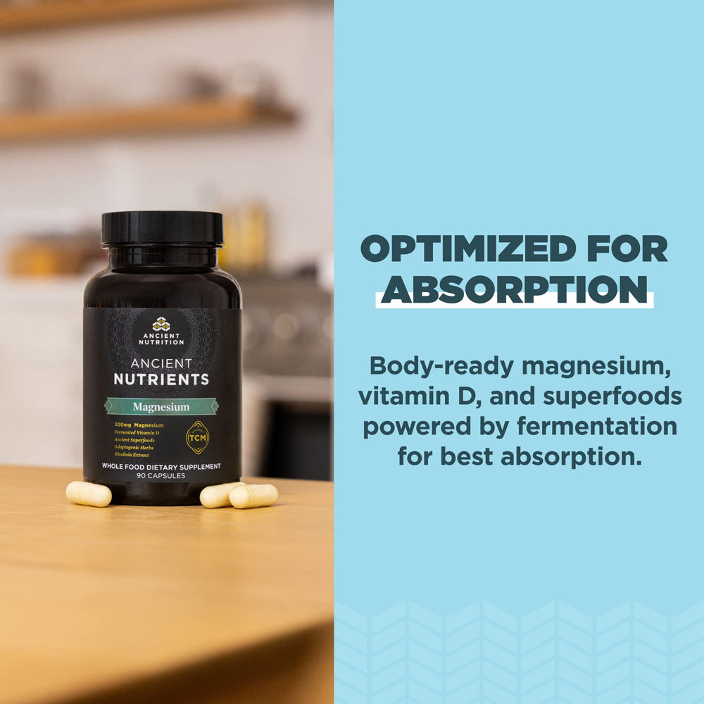 Ancient Nutrition magnesium bottle showcases Paleo and Keto friendly format.