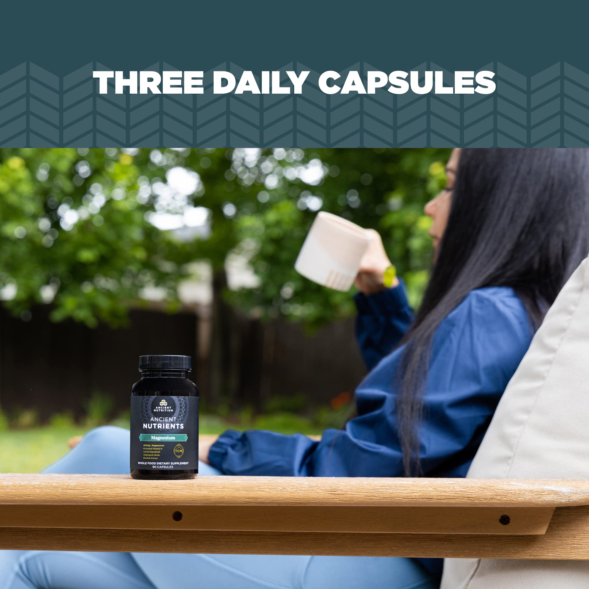 Ancient Nutrition close-up reveals TCM blend ingredients like skullcap and rhodiola.