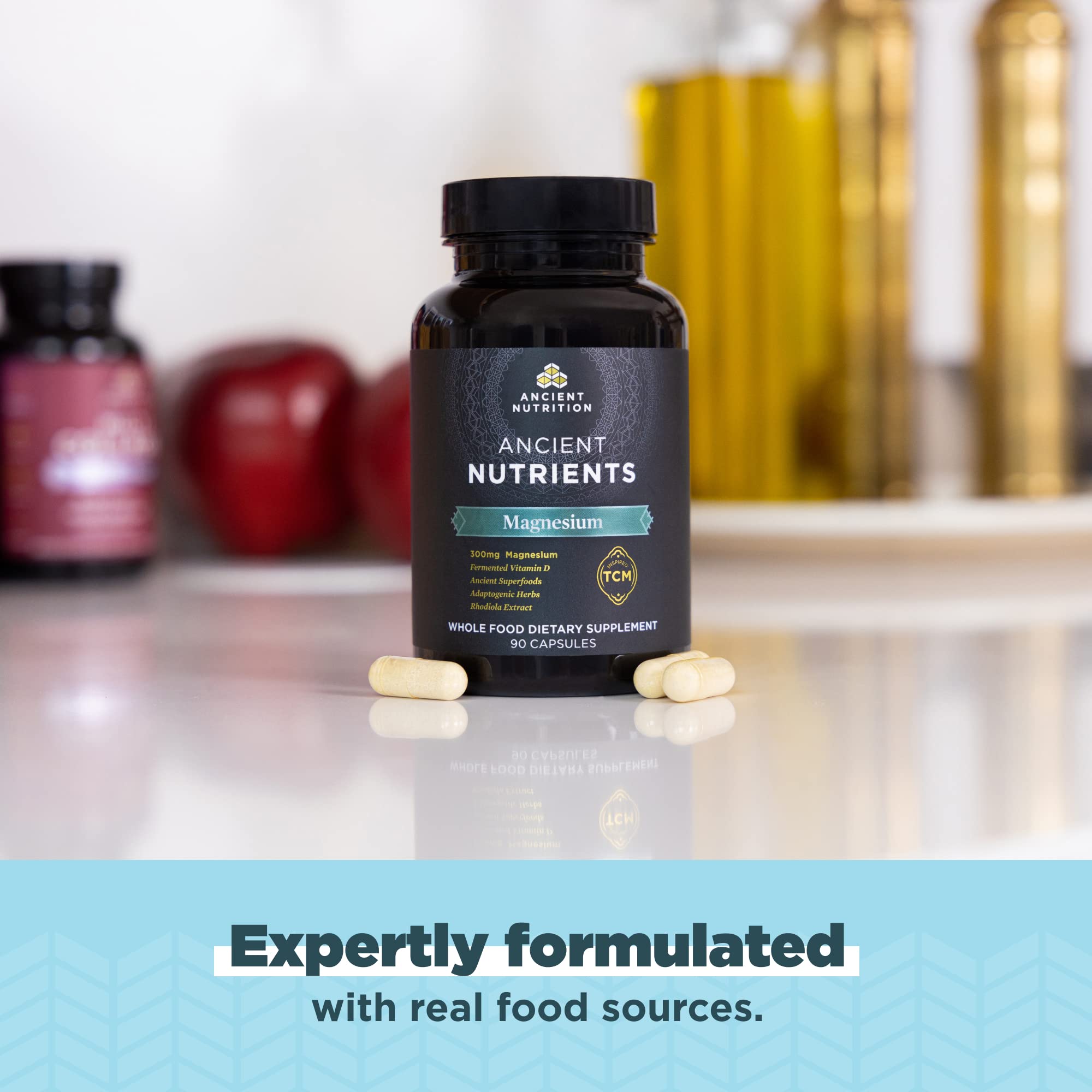 Ancient Nutrition magnesium bottle highlights vitamin D for overall wellness.