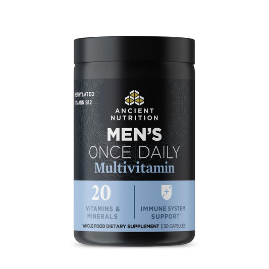 Ancient Nutrition Men’s Multivitamin bottle front promotes daily wellness and immune support