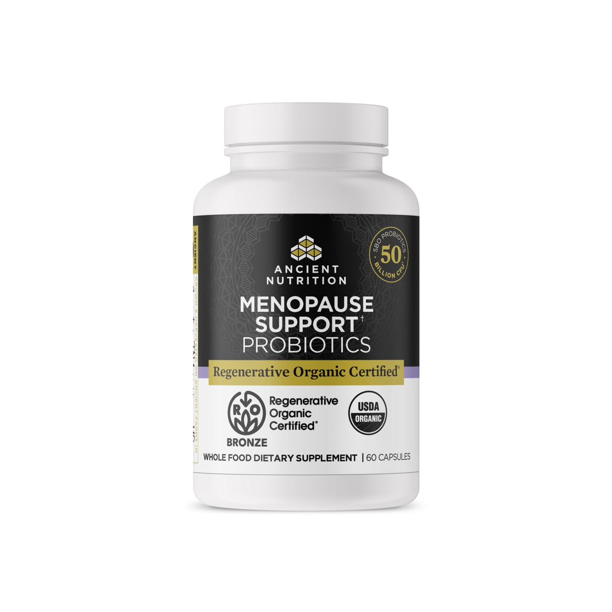 Ancient Nutrition menopause probiotics bottle shows 50B CFUs across 30 strains for digestive balance.