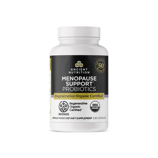 Ancient Nutrition menopause probiotics bottle shows 50B CFUs across 30 strains for digestive balance.