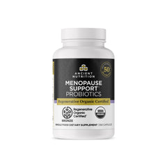 Ancient Nutrition menopause probiotics bottle shows 50B CFUs across 30 strains for digestive balance.
